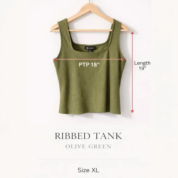 INC International Concepts Olive Green Ribbed Tank Top XL Stretch Square Neck - Picture 3 of 7